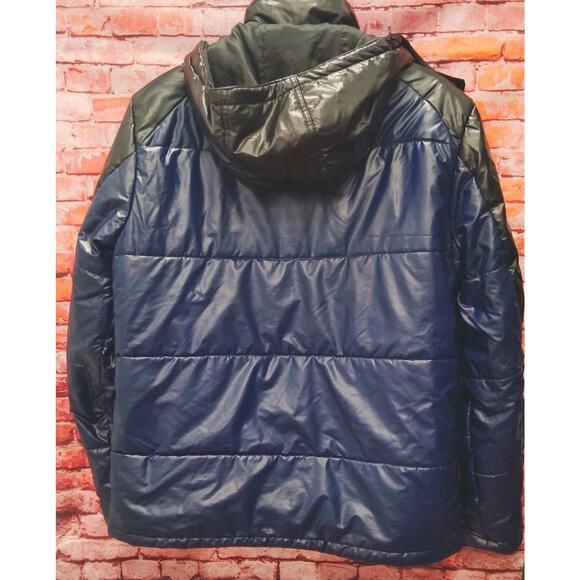 True Religion Puffer Jacket Men's Large Blue Shiny Detachable Hooded Full Zip - Picture 2 of 7